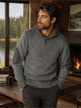 Armani Exchange A|X Men’s Wool Blend Sweater Gray Shawl Collar Check Elbow Patch
